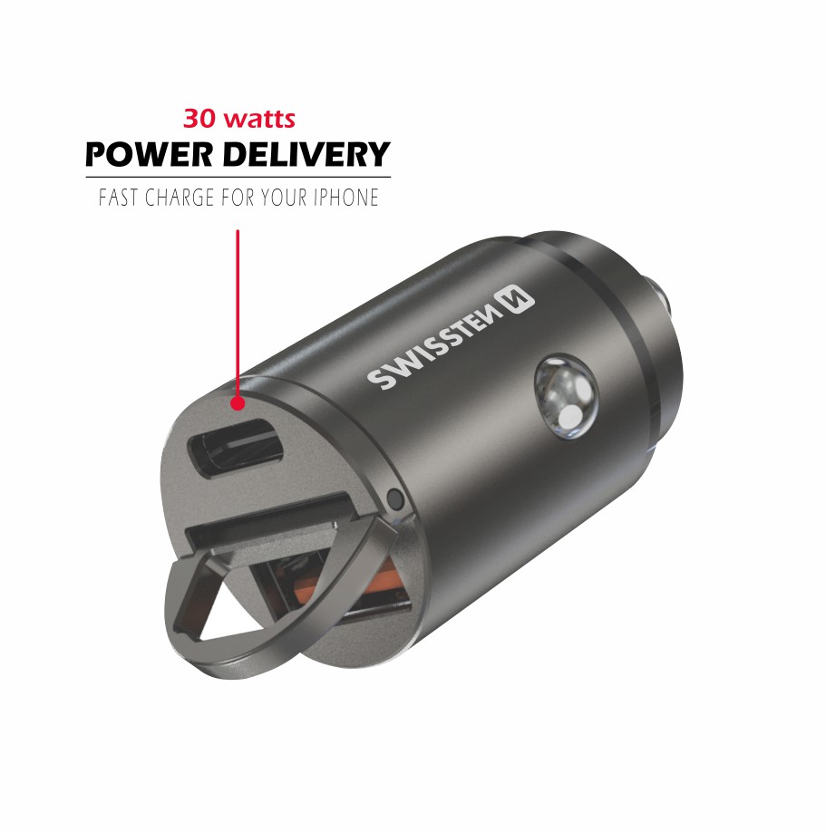 Adaptér do auta CL Swissten POWER DELIVERY Usb-C + Super change 3.0 30w NANO - strieborný