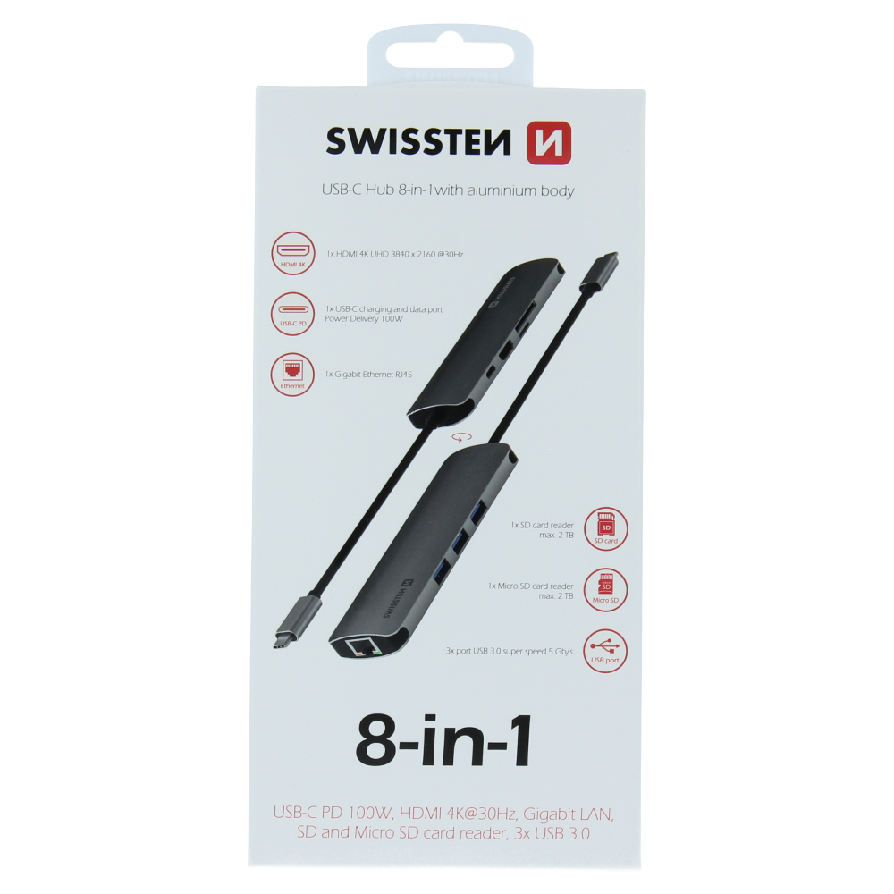 USB- c dokovacia stanica Swissten hub HUB 8-IN-1 (USB-C PD, HDMI 4K, LAN RJ45, 3x USB 3.0, SD, MICRO SD - obal