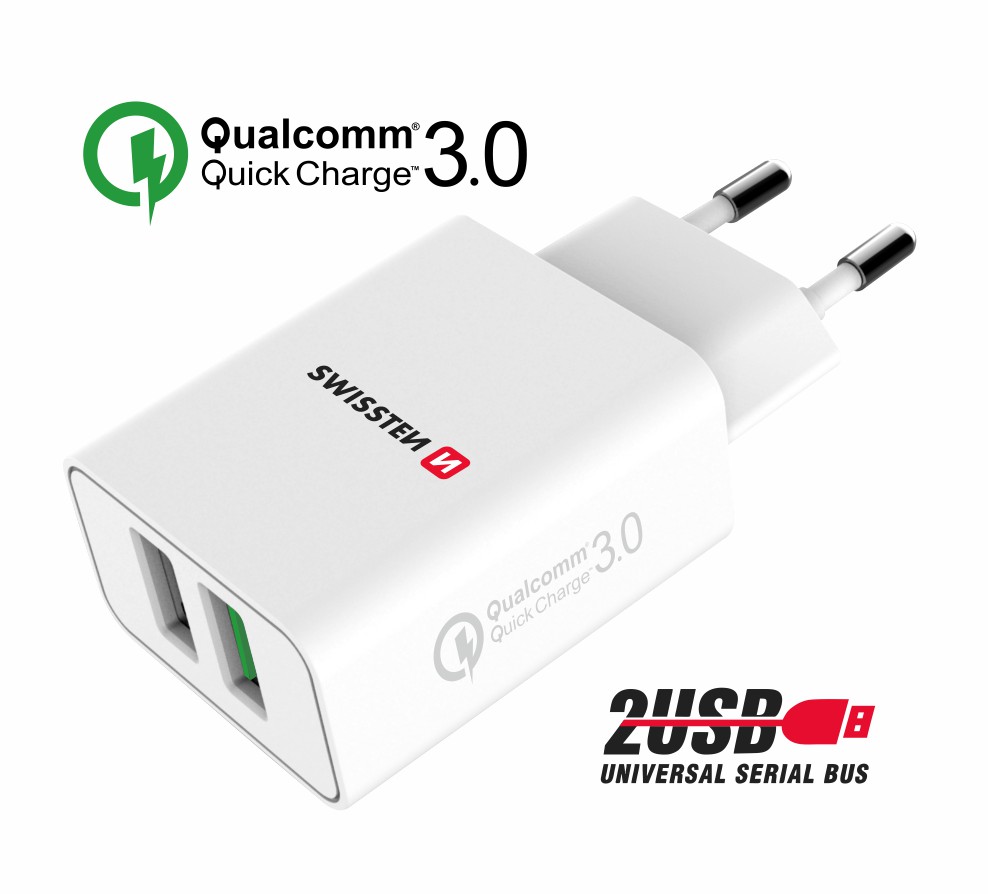 Sieťový adaptér Swissten 2x USB QC 3.0 + USB, 23W - biely 