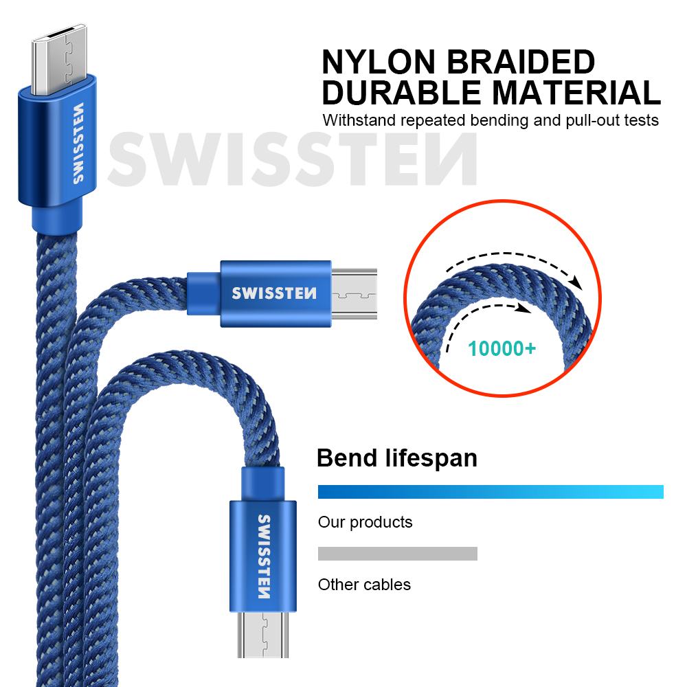 Textilný dátovy kábel Swissten USB / USB-C 1,2 M - modrý