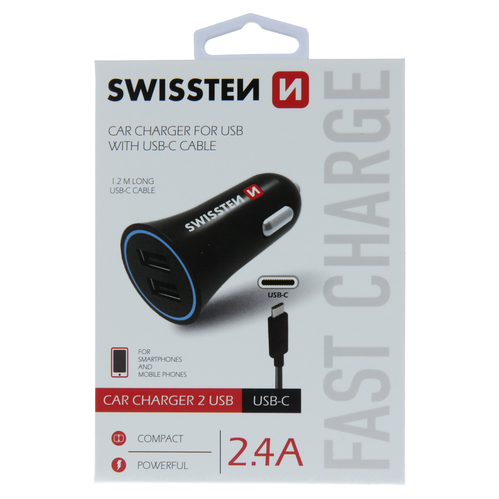 Adaptér do auta Swissten 2,4A Power 2x Usb + Kábel USB-C