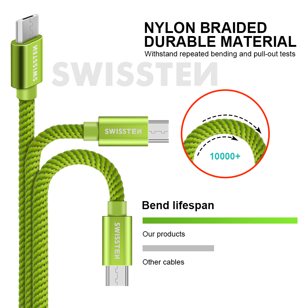 Textilný dátovy kábel Swissten USB / USB-C 2,0 M - zelený