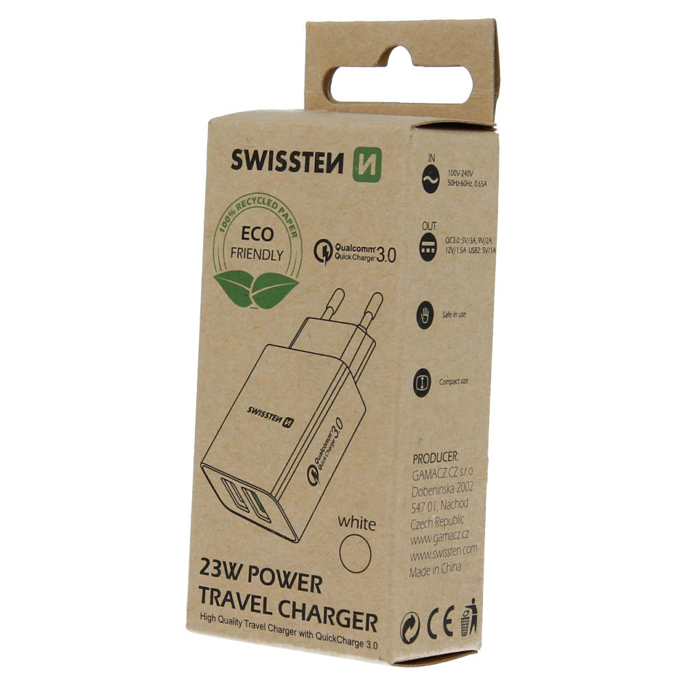 Sieťový adaptér Swissten 2x USB QC 3.0 + USB, 23W - biely (ECO) balenie