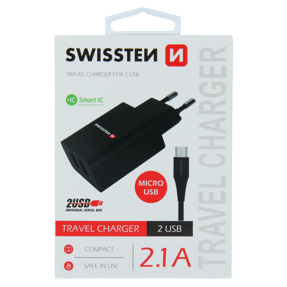Sieťový adaptér Swissten SMART IC 2x USB 2,1A POWER + DATOVÝ KABEL USB / MICRO USB 1,2 M - biely