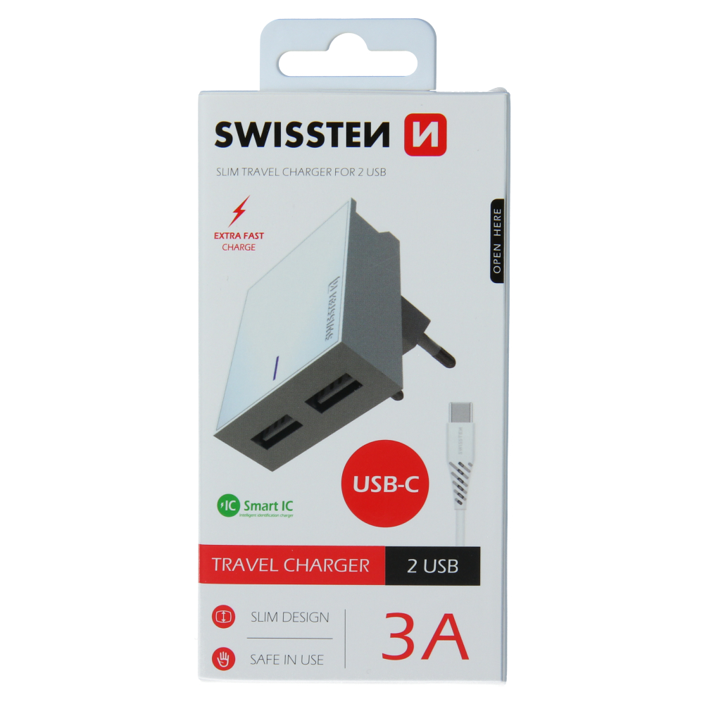 Nabíjačka SWISSTEN pre mobilné zariadenia - Výkon 3A + Dátový kábel USB / USB-C