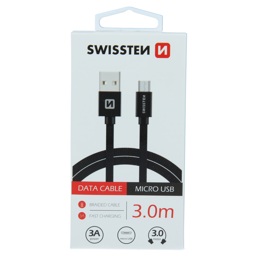 Textilný dátový kábel Swissten USB / MICRO USB 3,0 M  - čierna