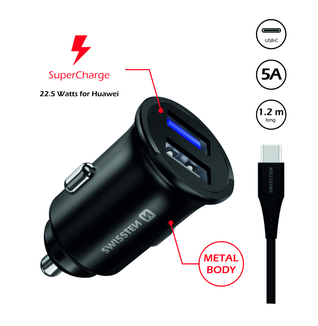 Adaptér do auta Swissten CL HUAWEI SUPER CHARGE 22.5W + KABEL HUAWEI 5A 1,2 M - čierny