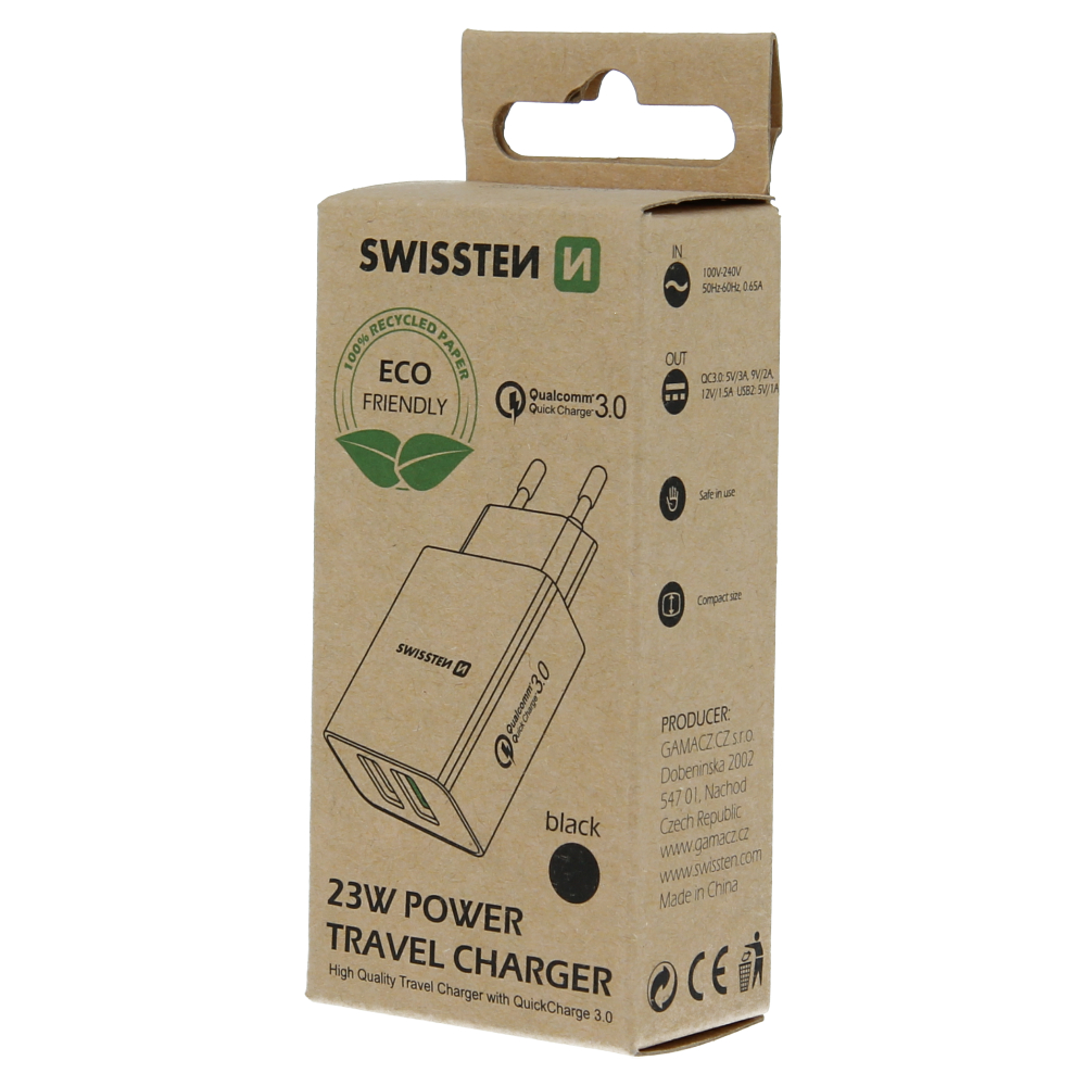 Nabíjačka Swissten 2x USB QC 3.0 + USB, 23W - čierny (ECO)