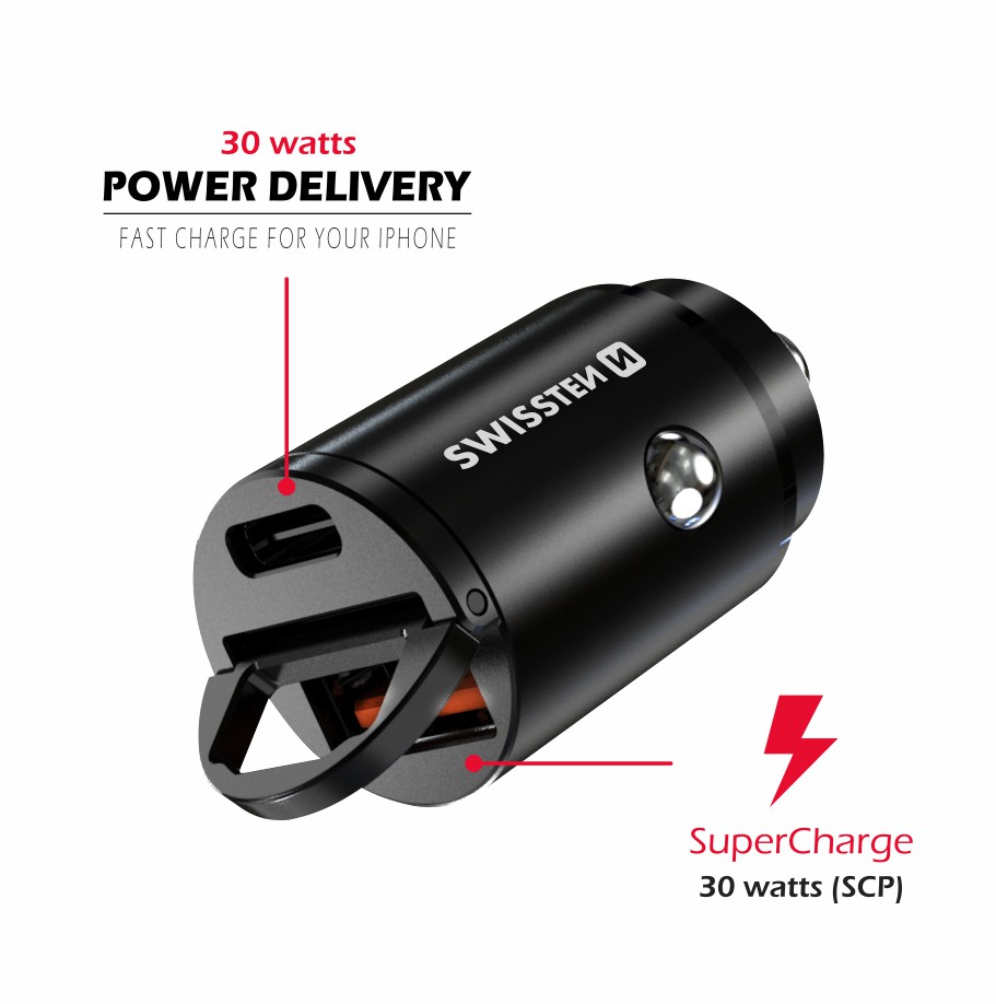 Adaptér do auta CL Swissten POWER DELIVERY Usb-C + Super change 3.0 30w NANO - čierny