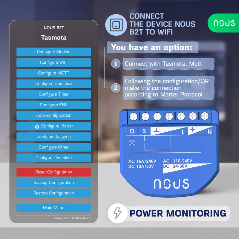 Nous B2T WiFi Tasmota Switch Module (1 channel, with PM, ESP32)